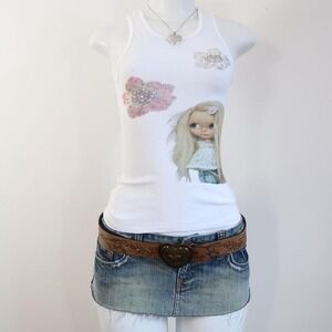 y2k doll graphic tank white ribbed baby tee bratz mcbling size S